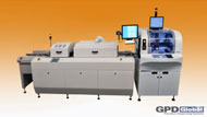 production line with high precision dispensing system, oven, and exit conveyor